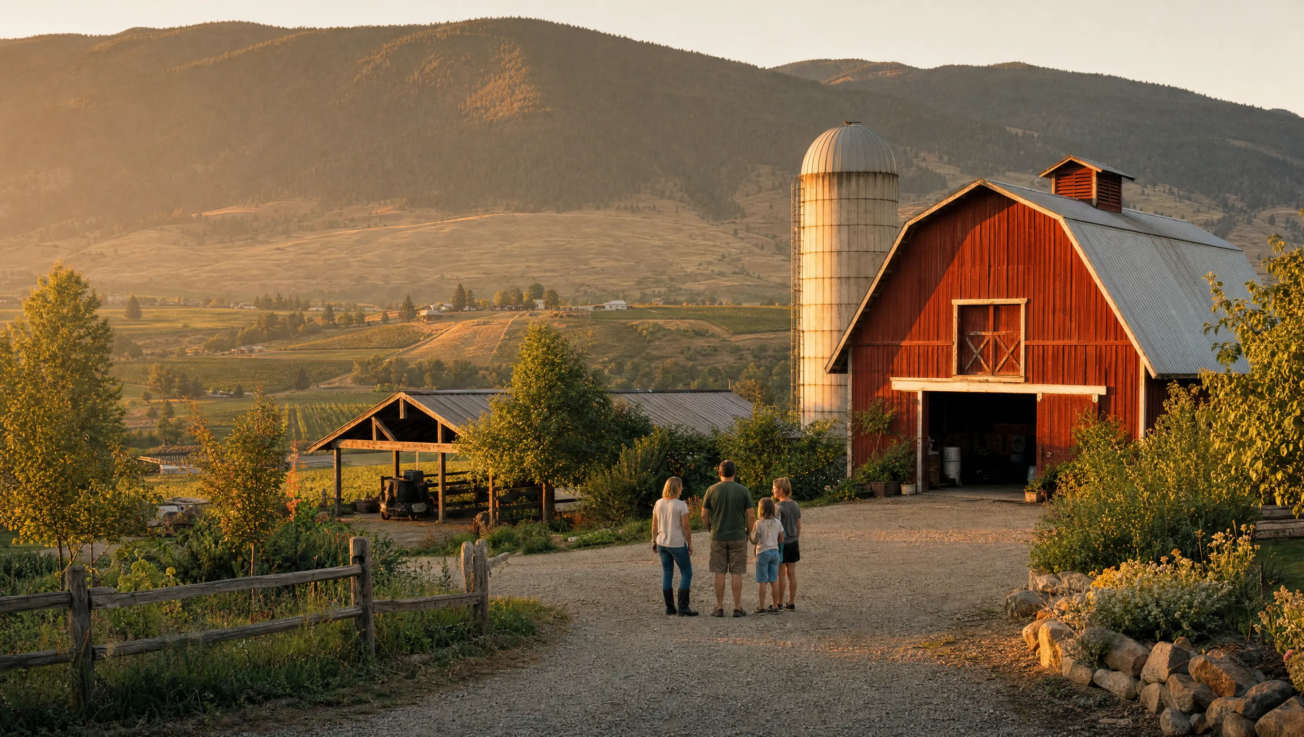 A family-run country property in rural British Columbia at golden hour