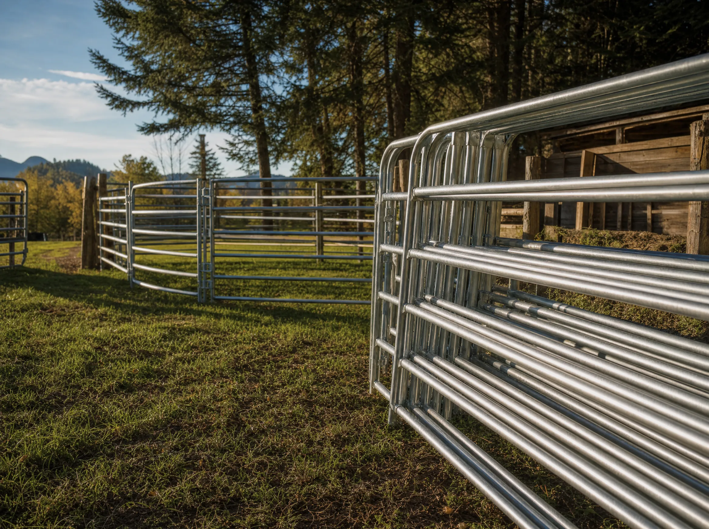 Galvanized steel livestock panels and a round-pen corral set up in a sunny farm yard