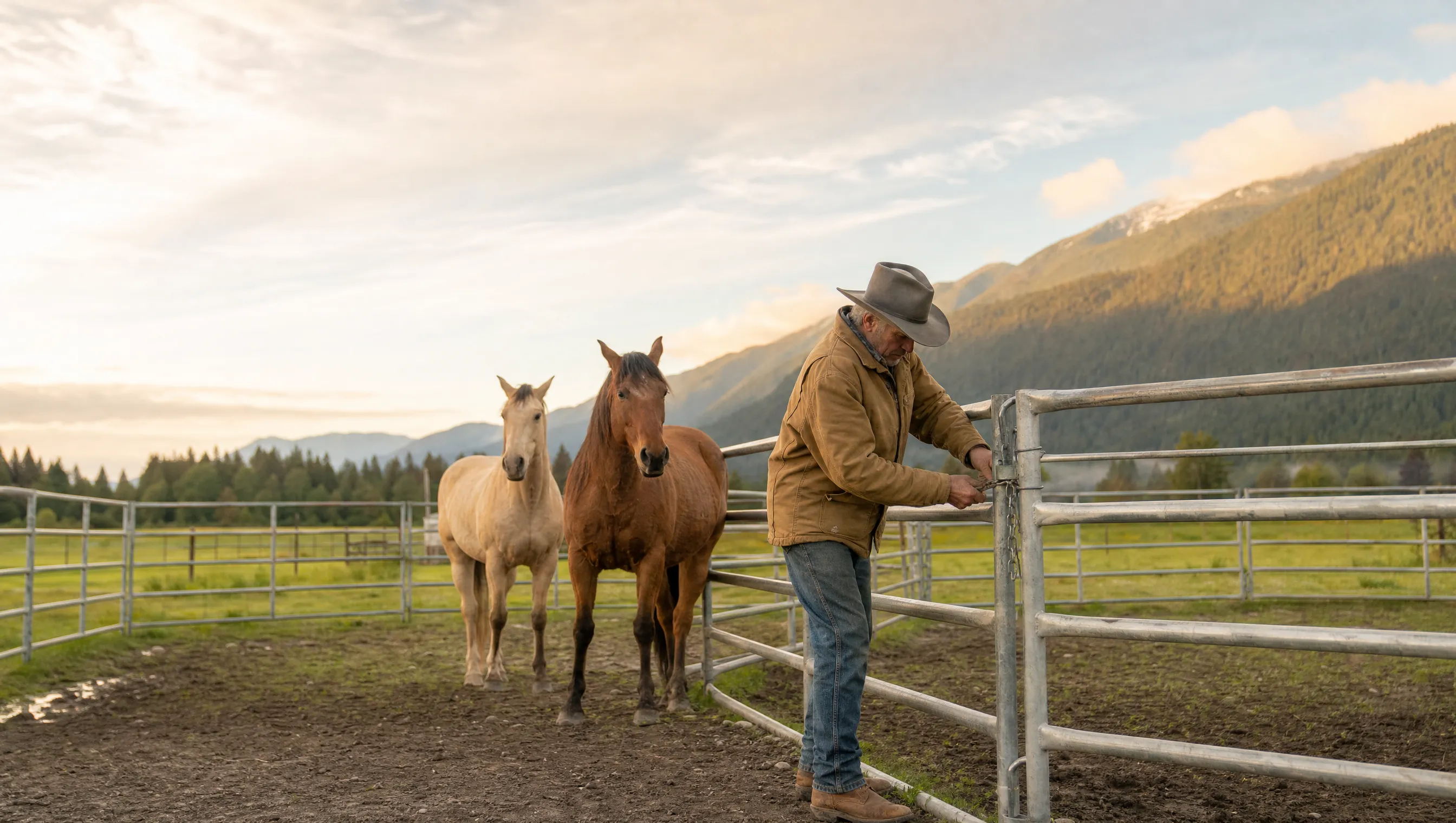 A rancher latching a galvanized round-pen gate with two horses, in the British Columbia mountains at golden hour