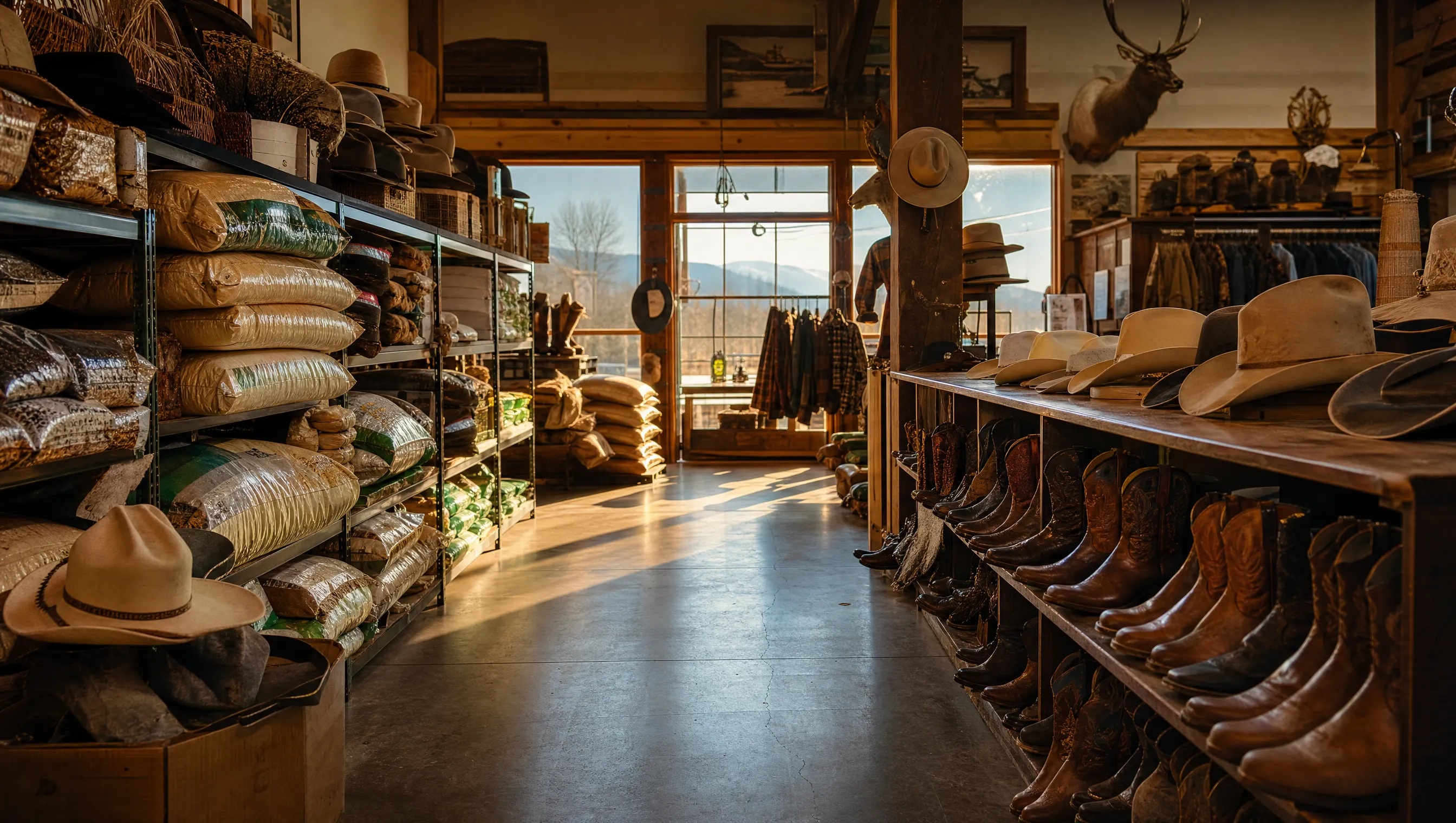 Inside a Country West Supply store — shelves of feed, Western workwear and boots